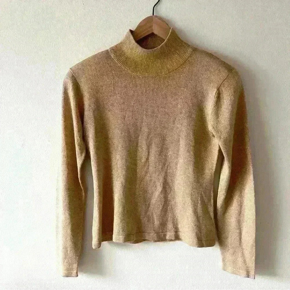 Jeanne Pierre S Tan Gold Metallic Long Sleeve Mock Neck Sweater Shoulder Pads - Picture 1 of 5